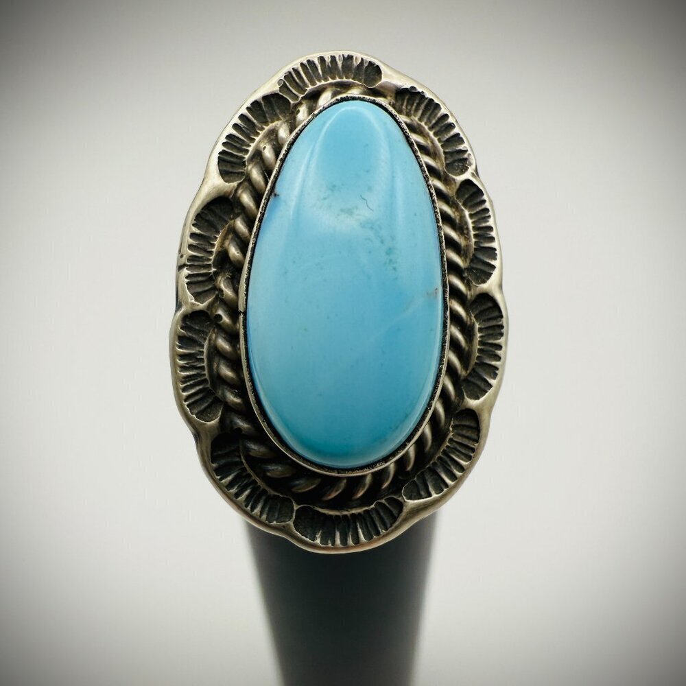 Navajo Sterling Turquoise Ring — artist-stamped F - Freda Martinez, Size 7